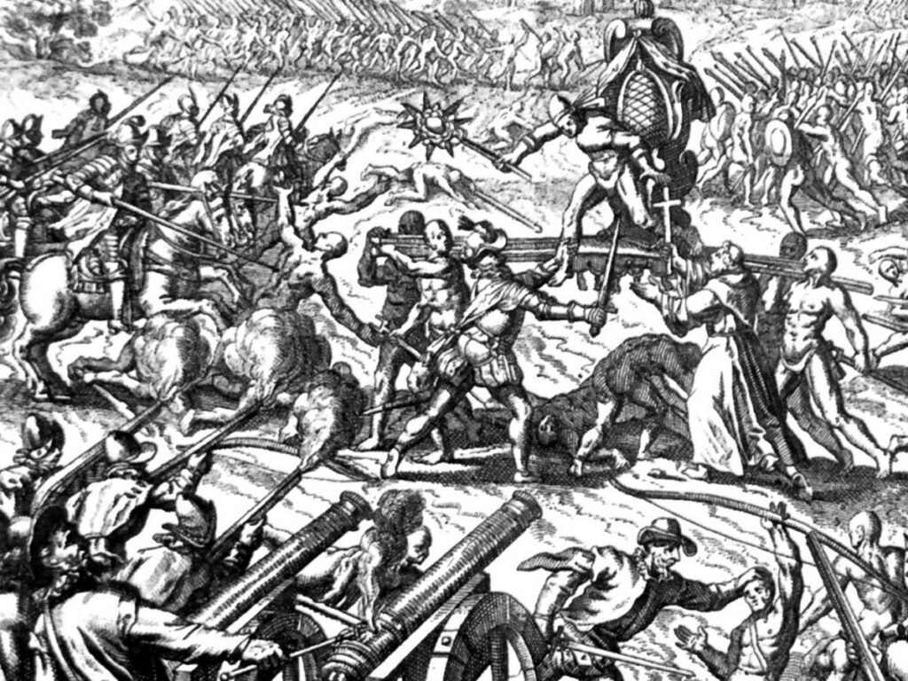 Incisione di Theodor de Bry con soldati spagnoli che attaccano gli inca