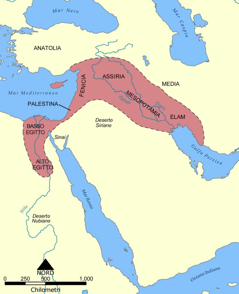 Mappa del Medio Oriente con la Mezzaluna Fertile evidenziata