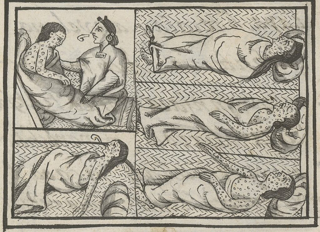 Illustrazione del Codice fiorentino con un guaritore azteco tra i malati di vaiolo