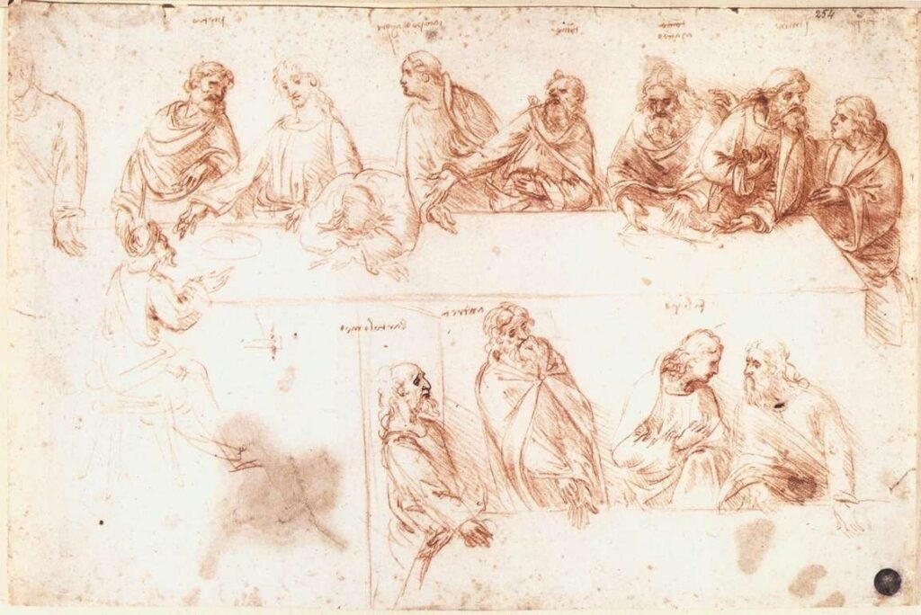Schizzo a sanguigna di Leonardo con studi di figure per il Cenacolo