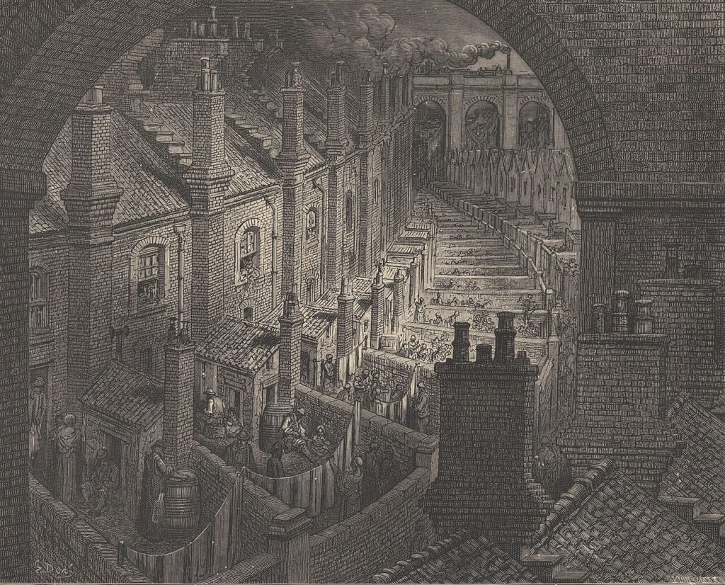 Incisione di Gustave Doré con le case operaie sovraffollate di Londra
