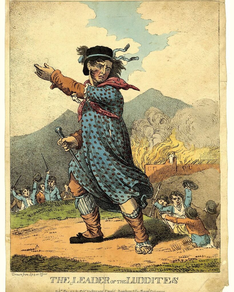 Stampa colorata del 1812 con un capo luddista vestito da donna