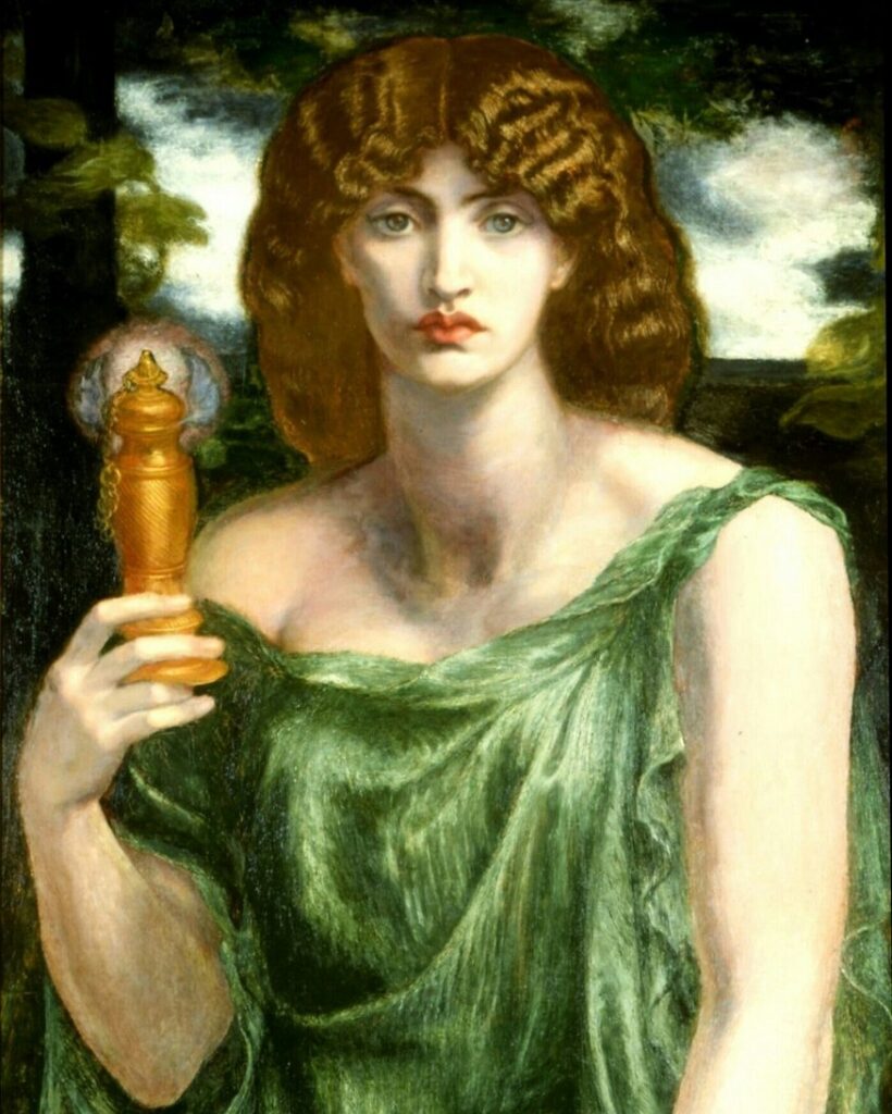 Dipinto di Mnemosyne, dea della memoria, in abito verde con una lampada in mano