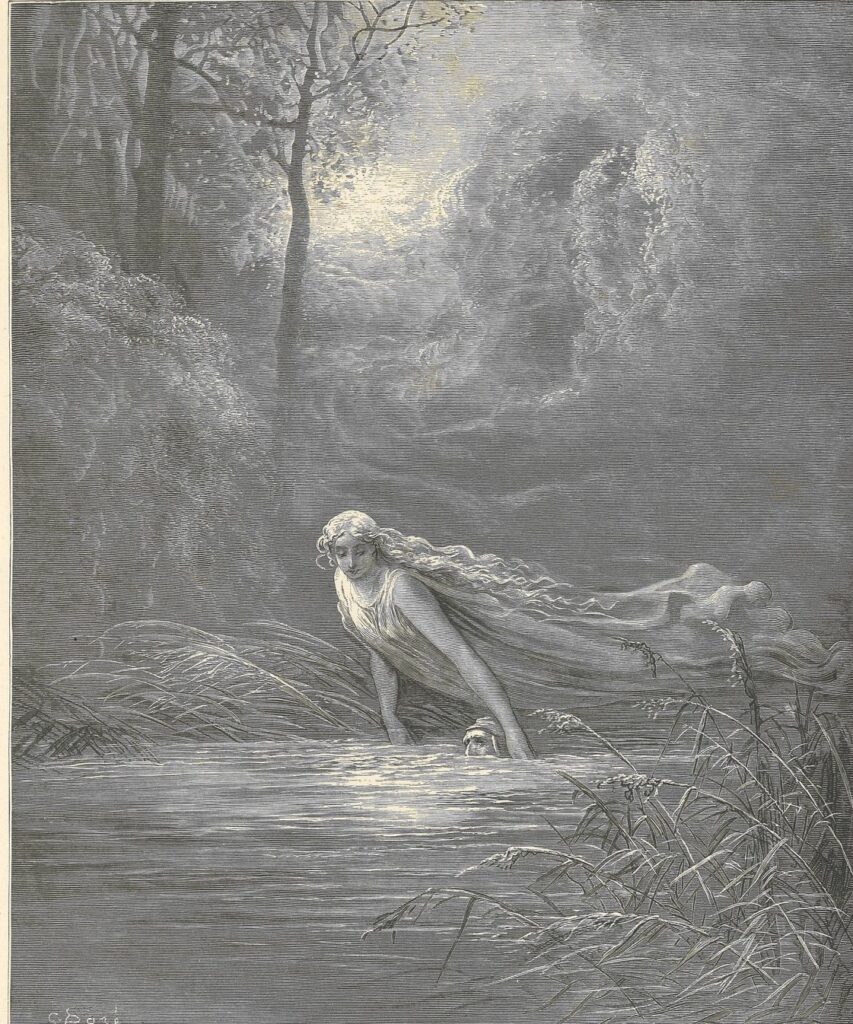 Incisione di Gustave Doré con Dante immerso nel fiume Lete