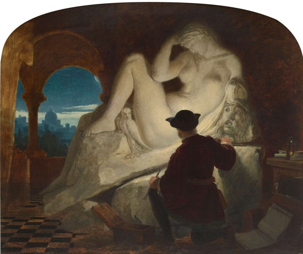 Dipinto di Michelangelo che scolpisce una statua di notte a lume di candela